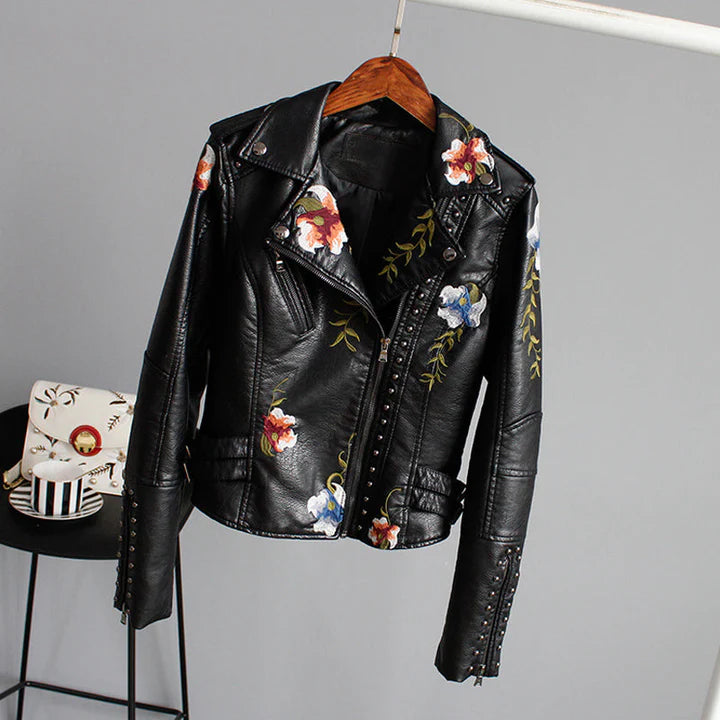 Leranzo | Leren Jas Met Bloemen